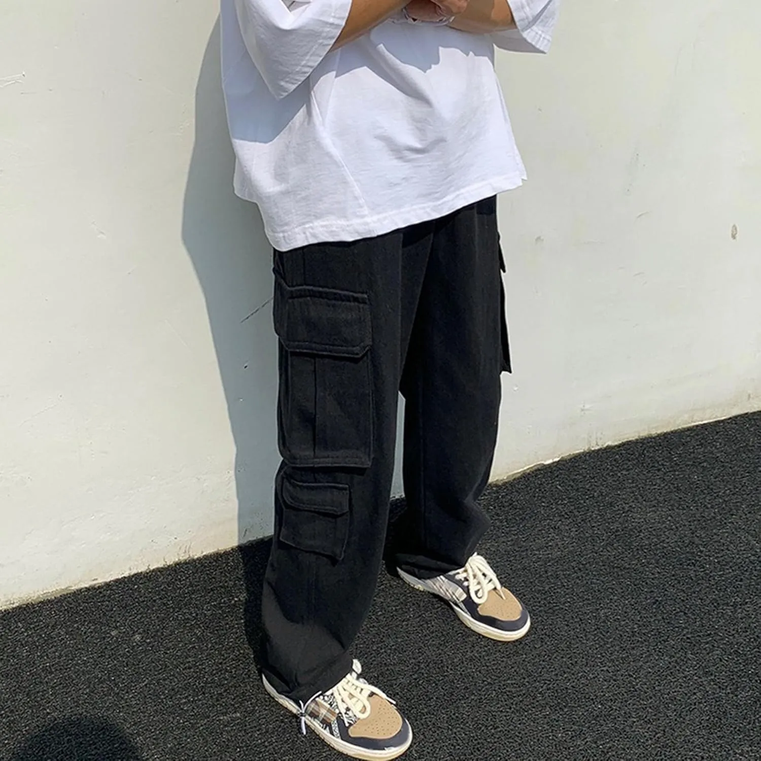 Men's Comfort Drawstring Elastic Waist Cargo Pants Regular Fit Solid Hiking Pants Joggers Wide Leg Trousers