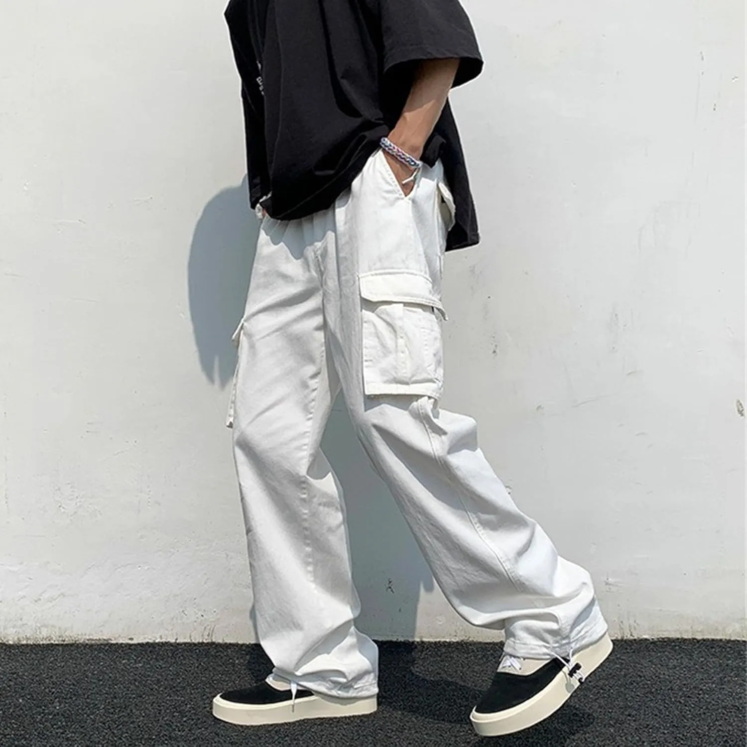 Men's Comfort Drawstring Elastic Waist Cargo Pants Regular Fit Solid Hiking Pants Joggers Wide Leg Trousers