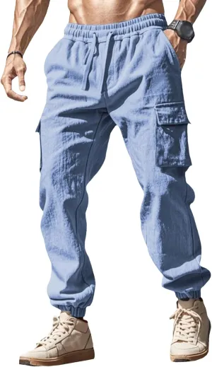 Men's Cotton Linen Baggy Cargo Pants Elastic Waist Casual Sweatpants Pants Drawstring Comfort Joggers Trousers