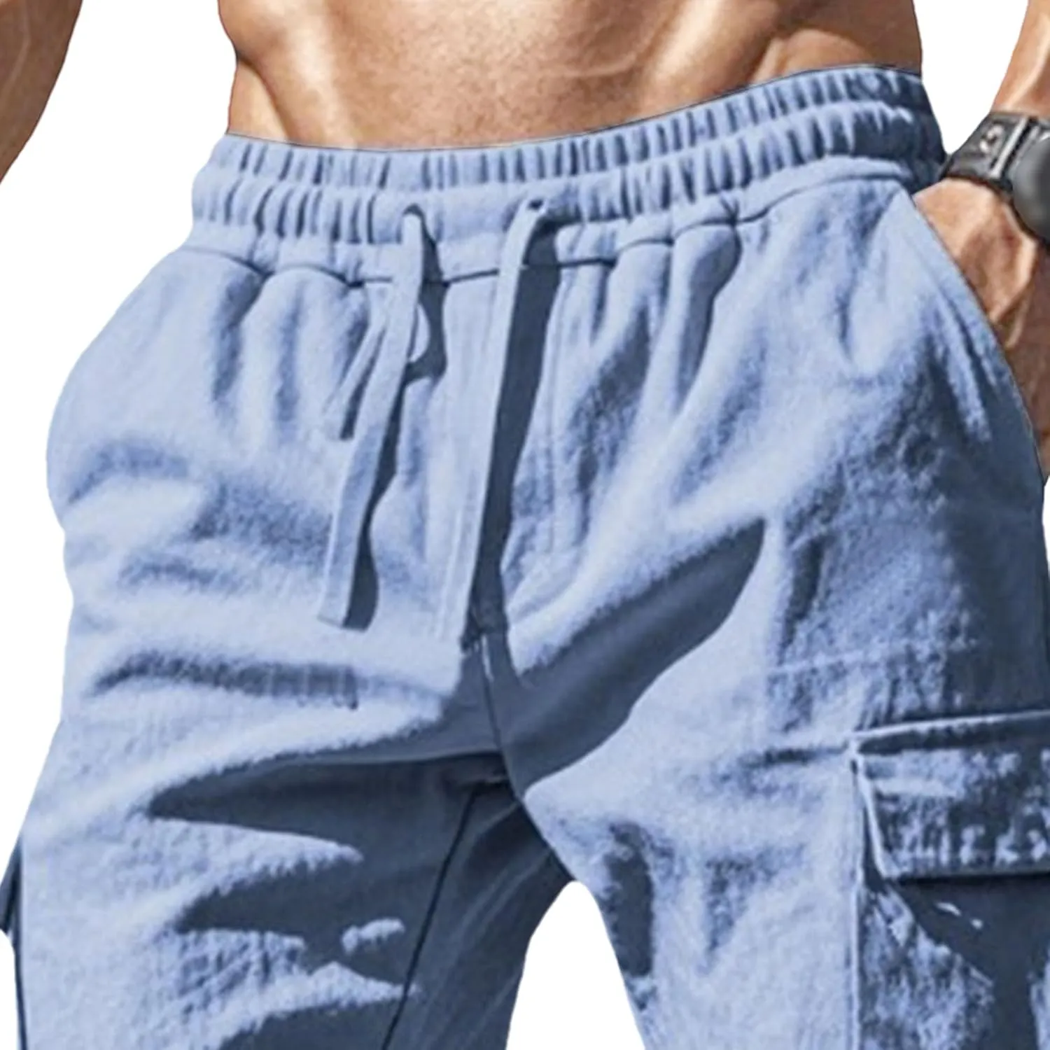 Men's Cotton Linen Baggy Cargo Pants Elastic Waist Casual Sweatpants Pants Drawstring Comfort Joggers Trousers