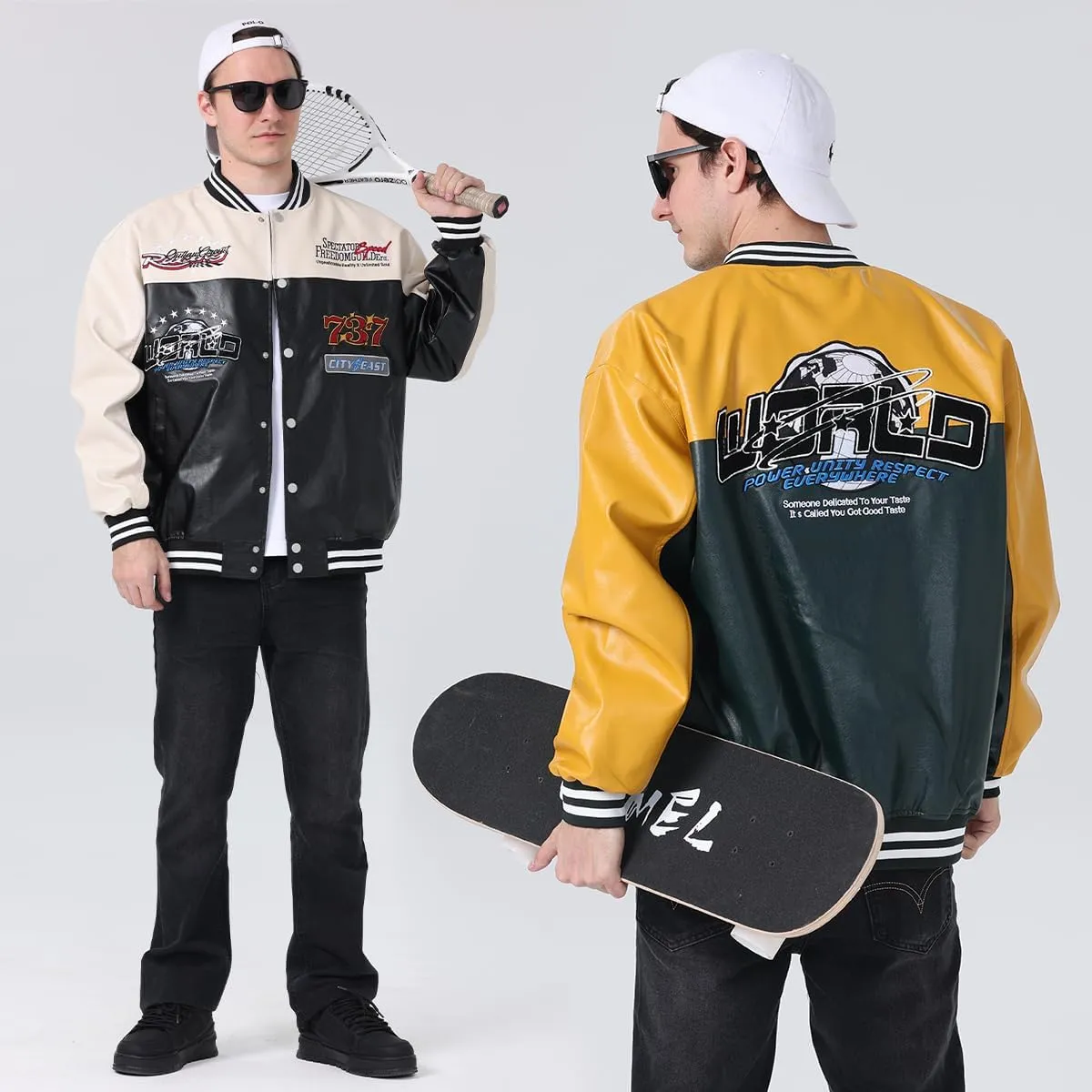 Mens Faux Leather Bomber Jackets Racing Motorcycle Jacket Patchwork Coats for Spring&fall