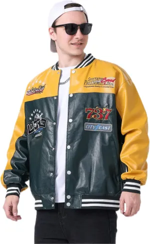 Mens Faux Leather Bomber Jackets Racing Motorcycle Jacket Patchwork Coats for Spring&fall