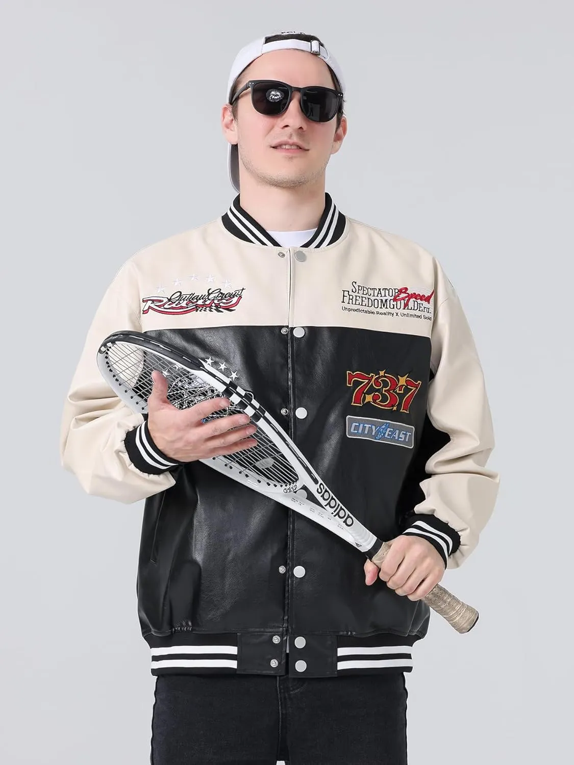 Mens Faux Leather Bomber Jackets Racing Motorcycle Jacket Patchwork Coats for Spring&fall