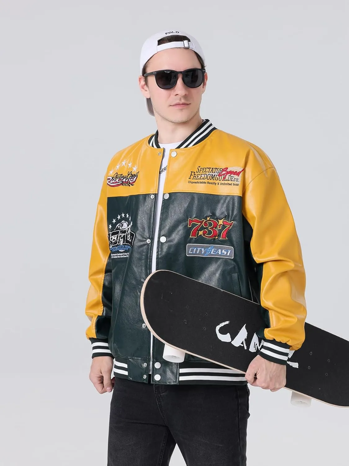 Mens Faux Leather Bomber Jackets Racing Motorcycle Jacket Patchwork Coats for Spring&fall