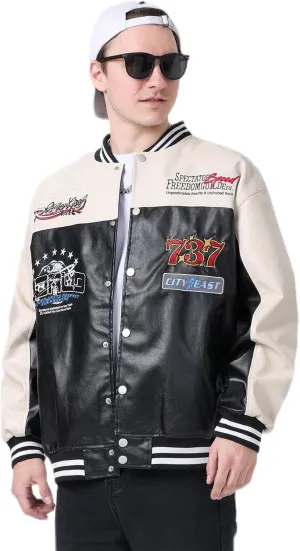 Mens Faux Leather Bomber Jackets Racing Motorcycle Jacket Patchwork Coats for Spring&fall