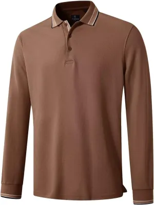 Men's Pique Polo Shirts Long Sleeve Cotton Blend Tipped Casual Collared Polo Shirts Business Classic Fit