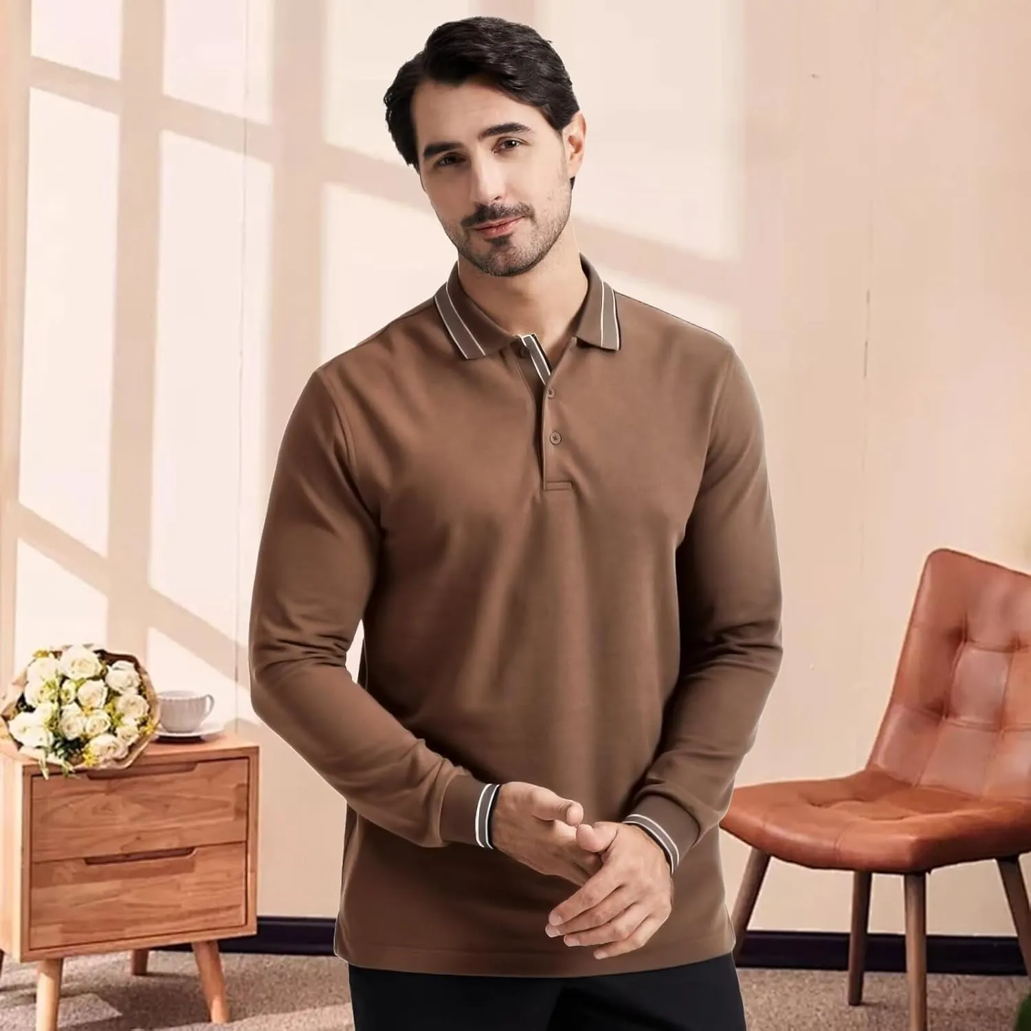Men's Pique Polo Shirts Long Sleeve Cotton Blend Tipped Casual Collared Polo Shirts Business Classic Fit