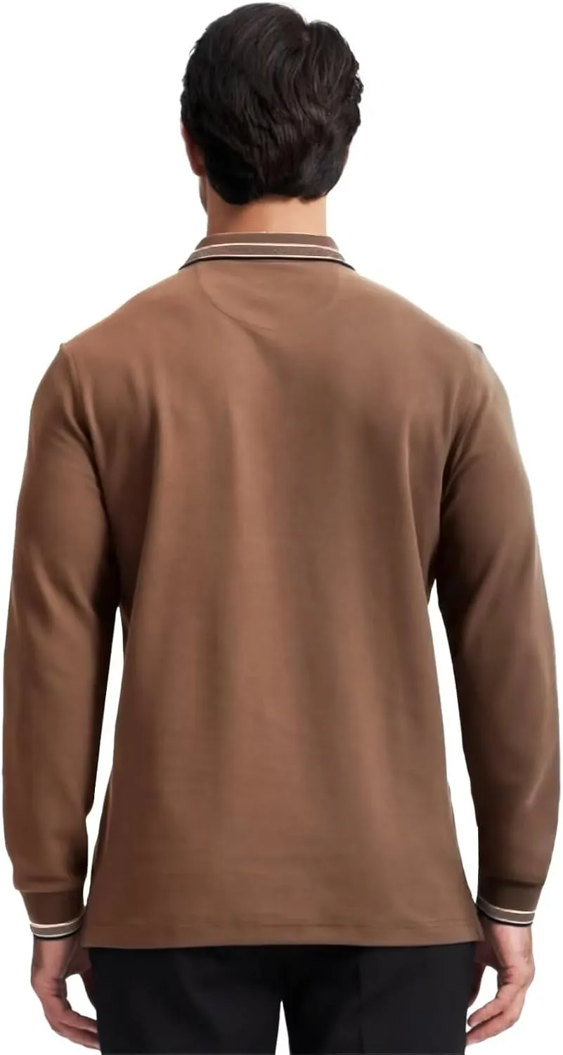Men's Pique Polo Shirts Long Sleeve Cotton Blend Tipped Casual Collared Polo Shirts Business Classic Fit