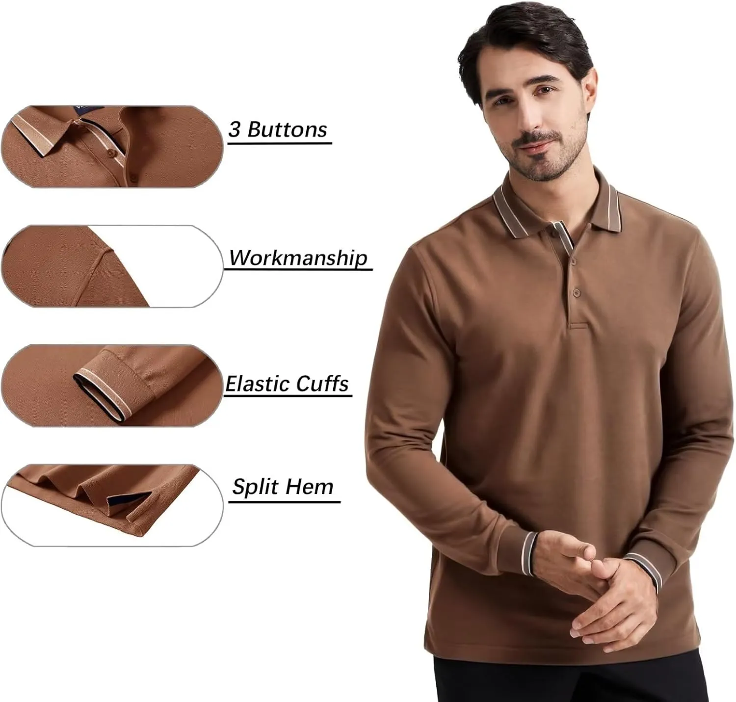 Men's Pique Polo Shirts Long Sleeve Cotton Blend Tipped Casual Collared Polo Shirts Business Classic Fit