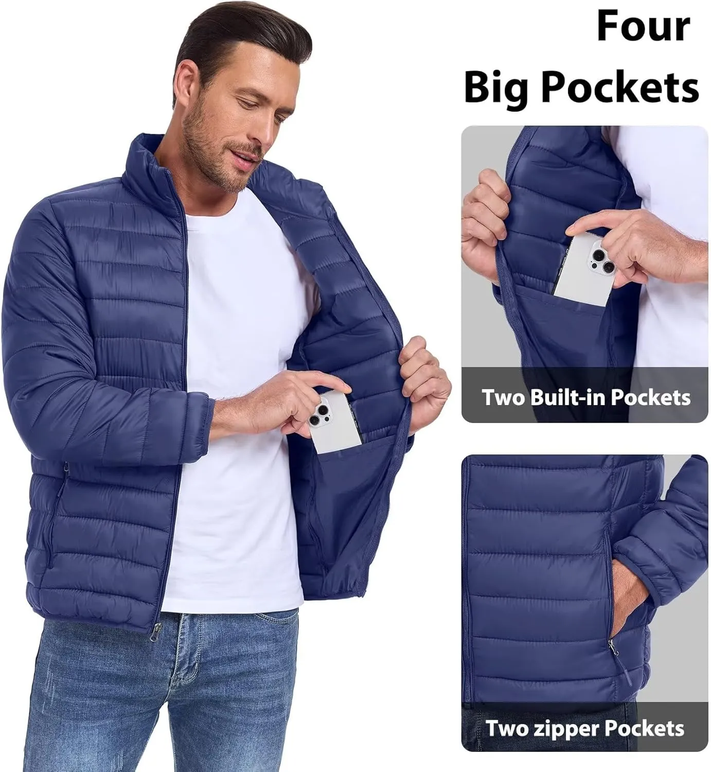 Men's Puffer Jacket Lightweight Warm Winter Coat with Zipper Pockets Insulated Ski Snow Down Jackets