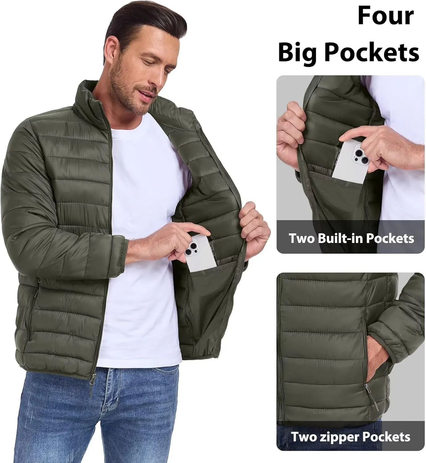 Men's Puffer Jacket Lightweight Warm Winter Coat with Zipper Pockets Insulated Ski Snow Down Jackets