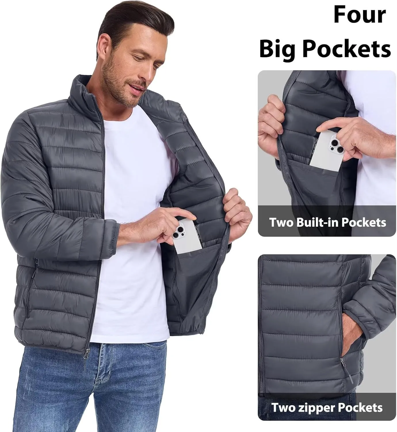 Men's Puffer Jacket Lightweight Warm Winter Coat with Zipper Pockets Insulated Ski Snow Down Jackets