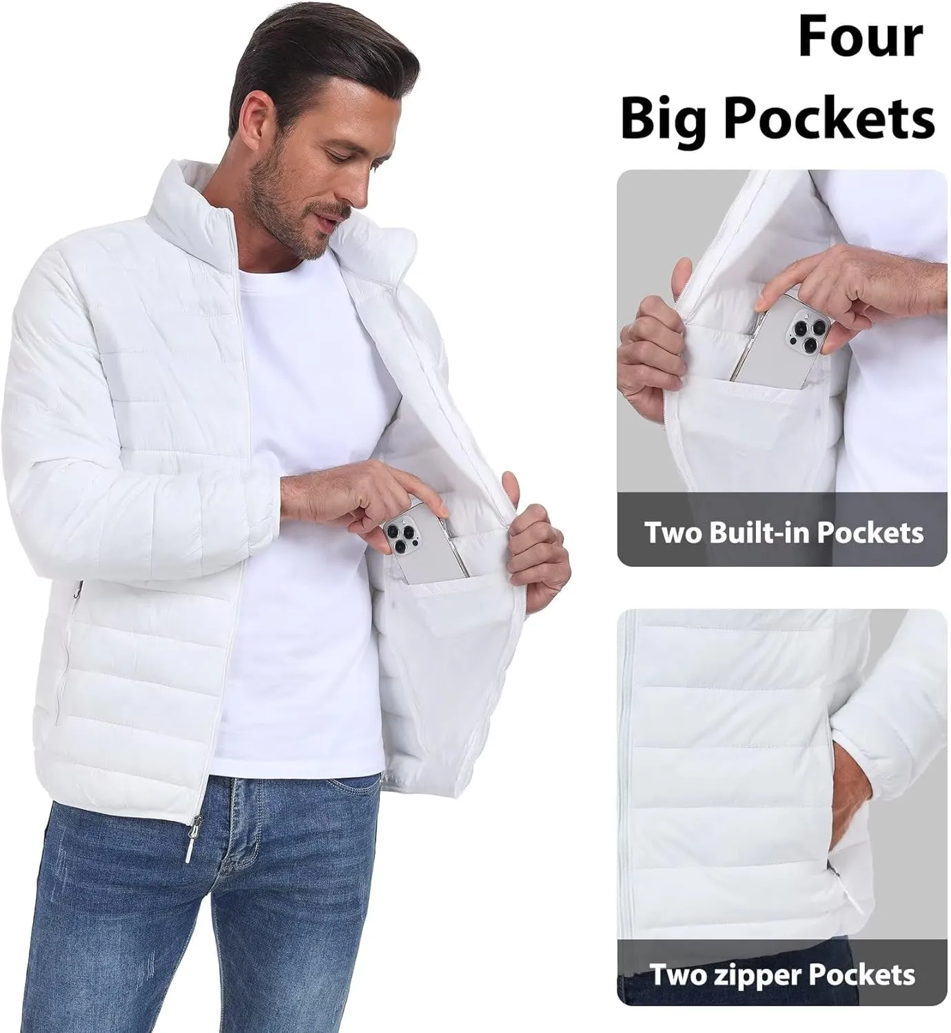 Men's Puffer Jacket Lightweight Warm Winter Coat with Zipper Pockets Insulated Ski Snow Down Jackets