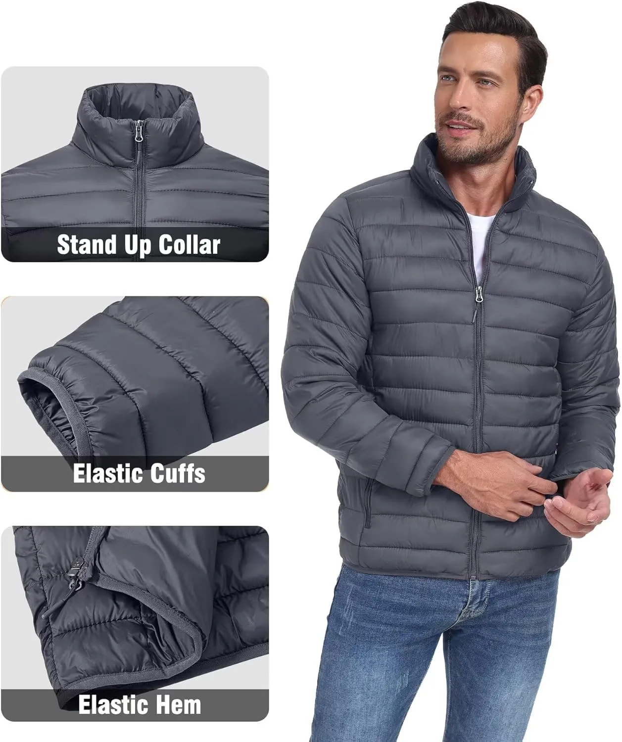Men's Puffer Jacket Lightweight Warm Winter Coat with Zipper Pockets Insulated Ski Snow Down Jackets