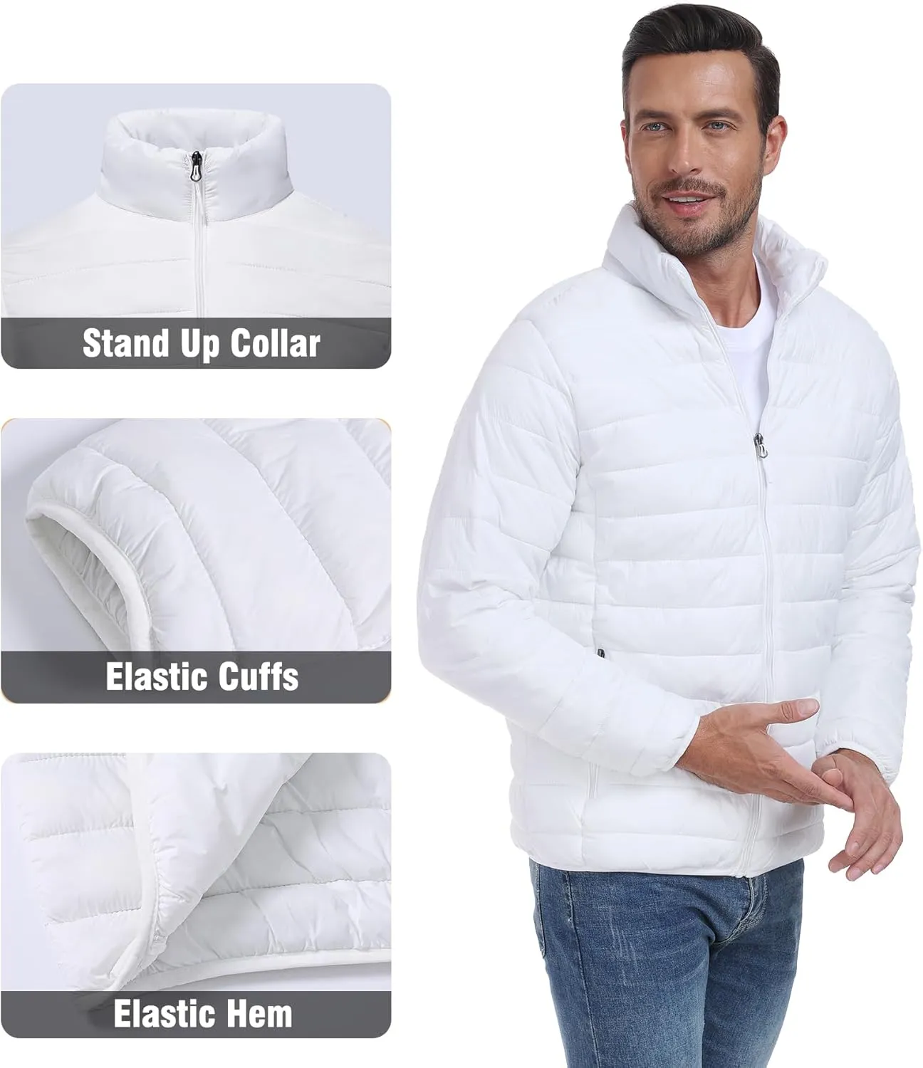 Men's Puffer Jacket Lightweight Warm Winter Coat with Zipper Pockets Insulated Ski Snow Down Jackets
