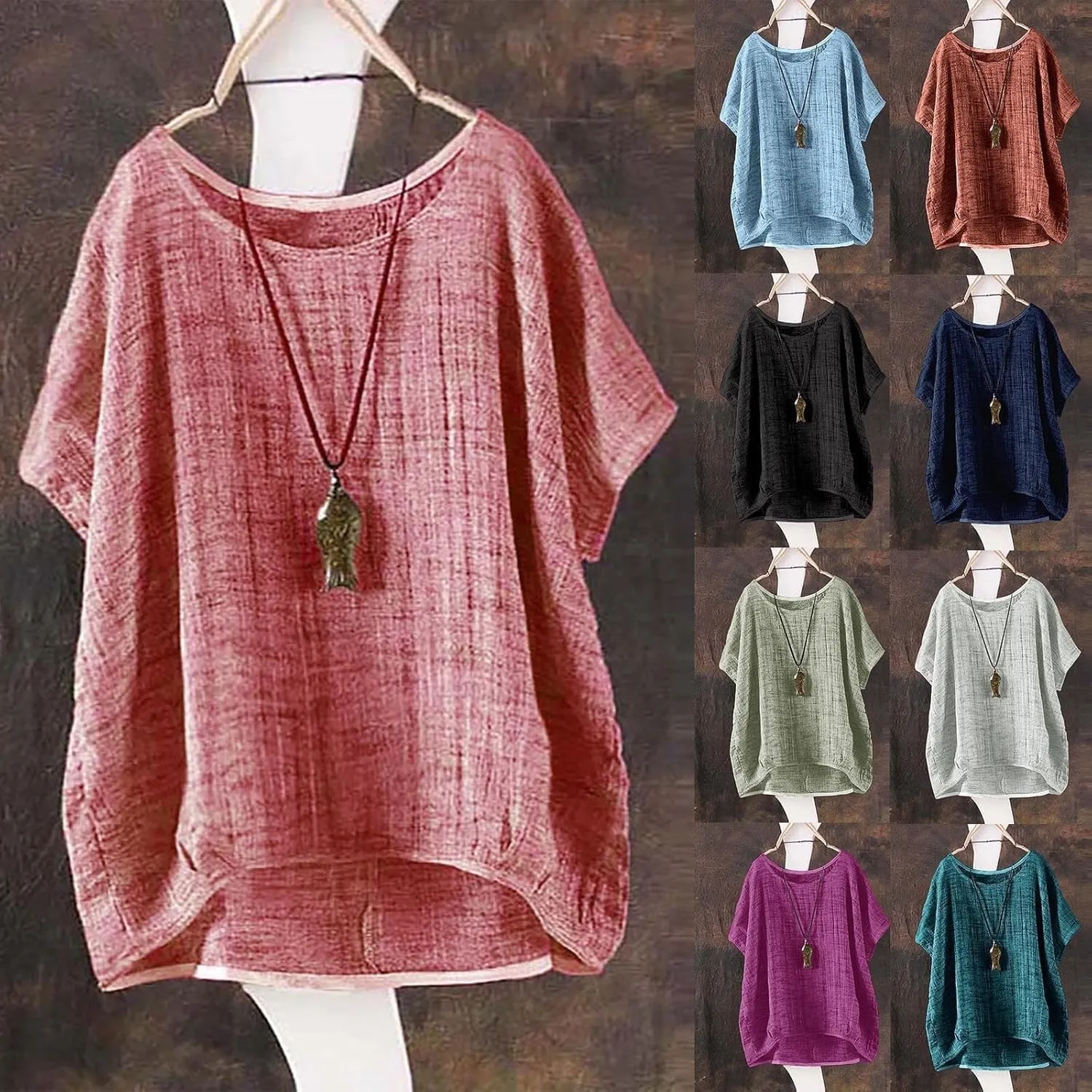 Miyaomn Women's Casual Linen Shirts Oversized Short Sleeve Crewneck Loose Fit Tees Blouse Summer Lightweight Solid Tunic Tops
