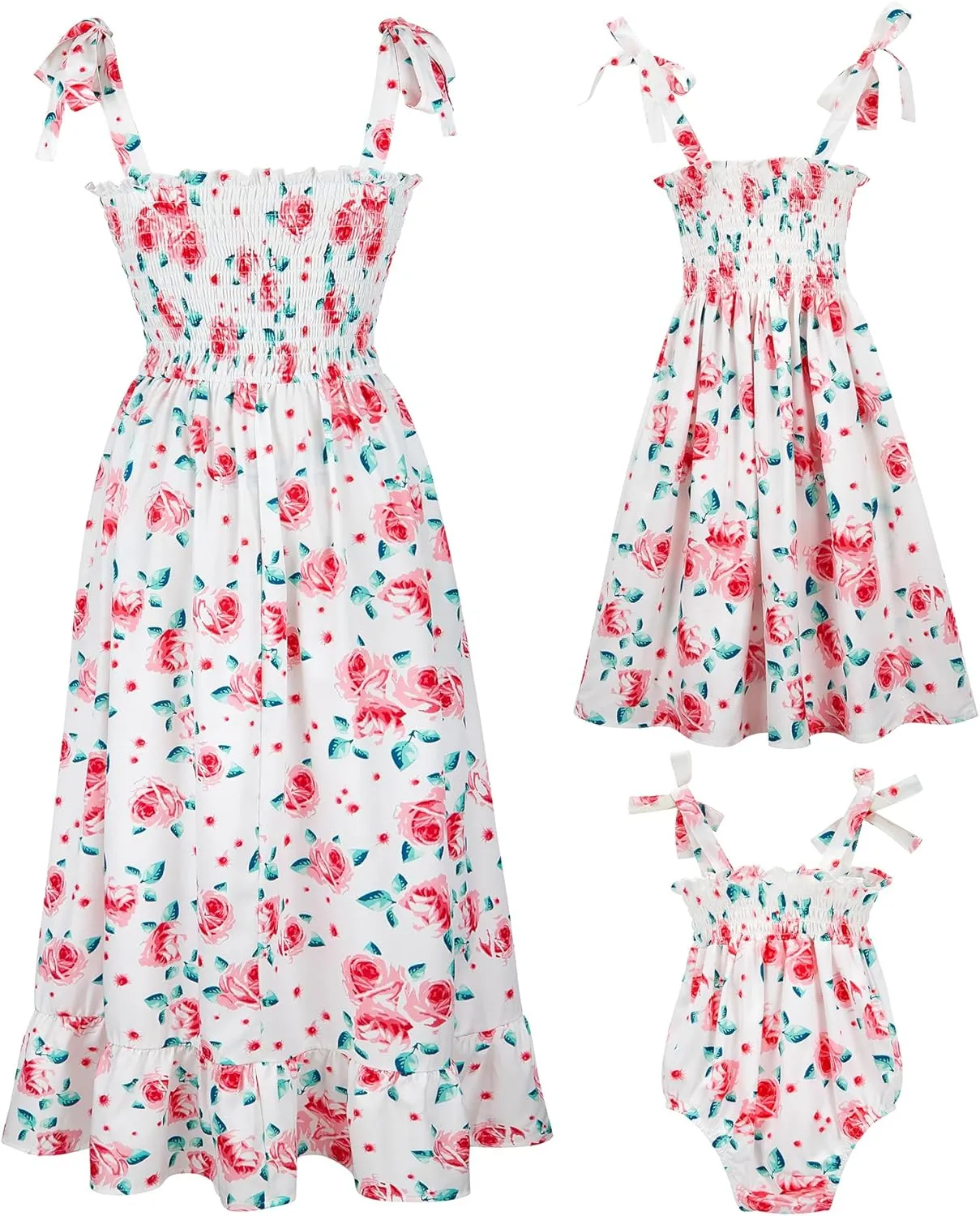 Mommy and Me Floral Smocked Dress Family Matching Outfits Set Sleeveless Sundress Beach Summer Casual Dress