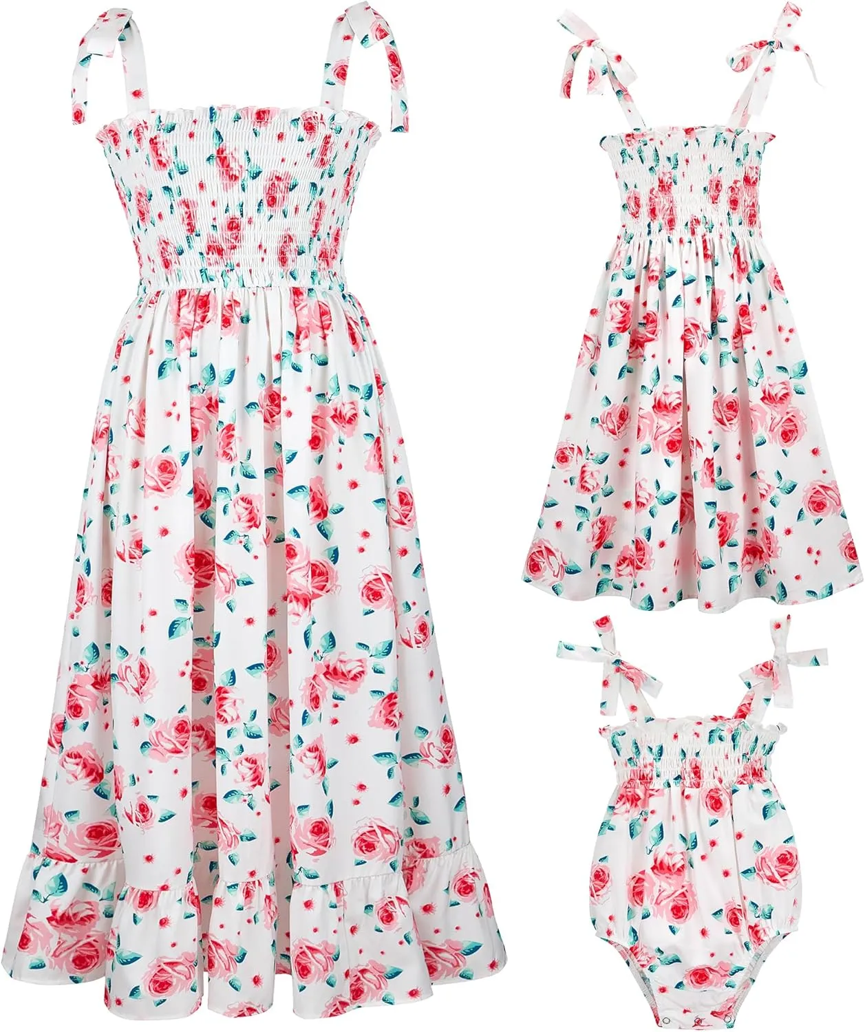 Mommy and Me Floral Smocked Dress Family Matching Outfits Set Sleeveless Sundress Beach Summer Casual Dress