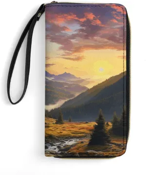 Mountain Sunset Landscape Leather Wallet Smooth Zip Around Clutch Wristlet Travel Long Soft Purse for Women