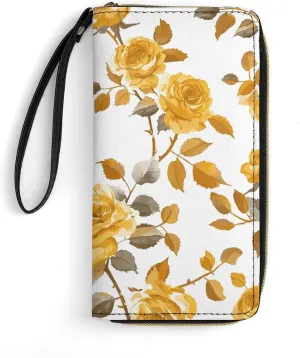 Mustard Yellow Rose Leather Wallet Smooth Zip Around Clutch Wristlet Travel Long Soft Purse for Women