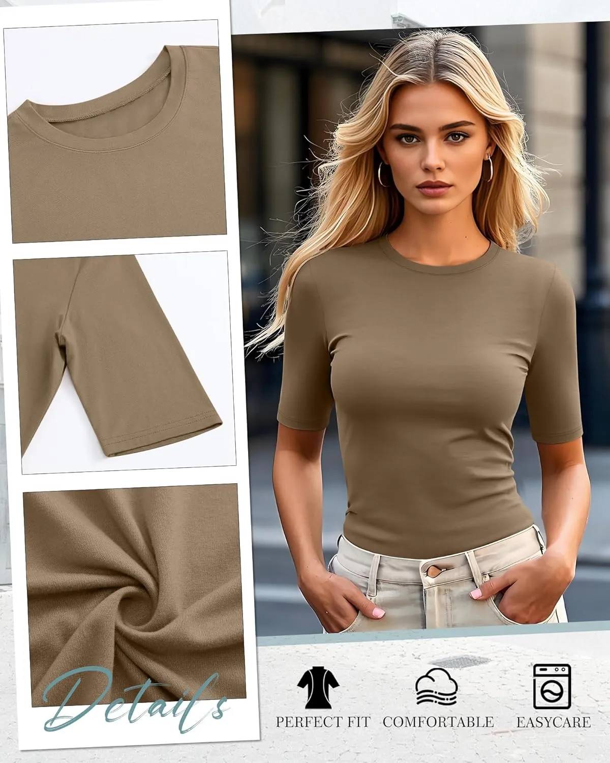 Neer 4 Pack Women's Half Sleeve Tops Cotton Crewneck Slim Fit 1/2 Sleeve T Shirts Stretchy Elbow Casual Summer Tees Bulk