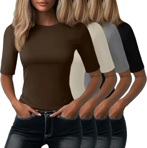 Neer 4 Pack Women's Half Sleeve Tops Cotton Crewneck Slim Fit 1/2 Sleeve T Shirts Stretchy Elbow Casual Summer Tees Bulk