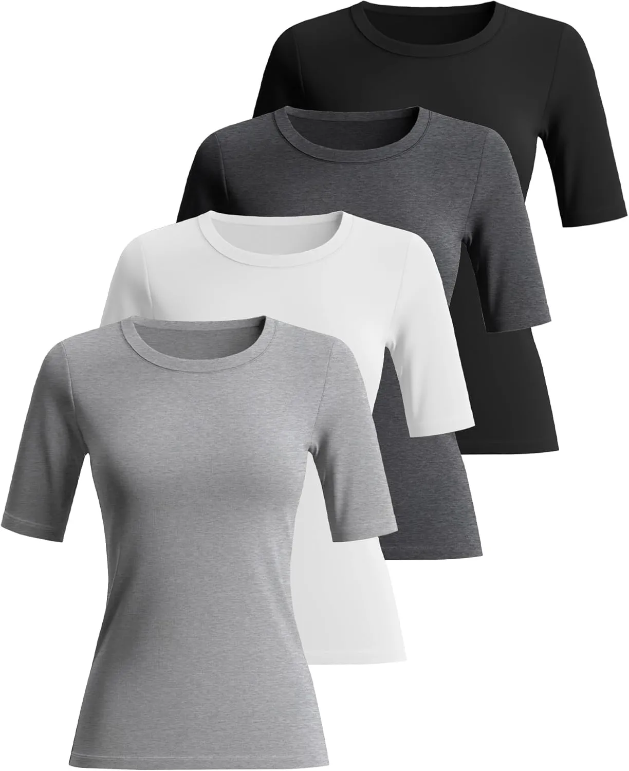 Neer 4 Pack Women's Half Sleeve Tops Cotton Crewneck Slim Fit 1/2 Sleeve T Shirts Stretchy Elbow Casual Summer Tees Bulk