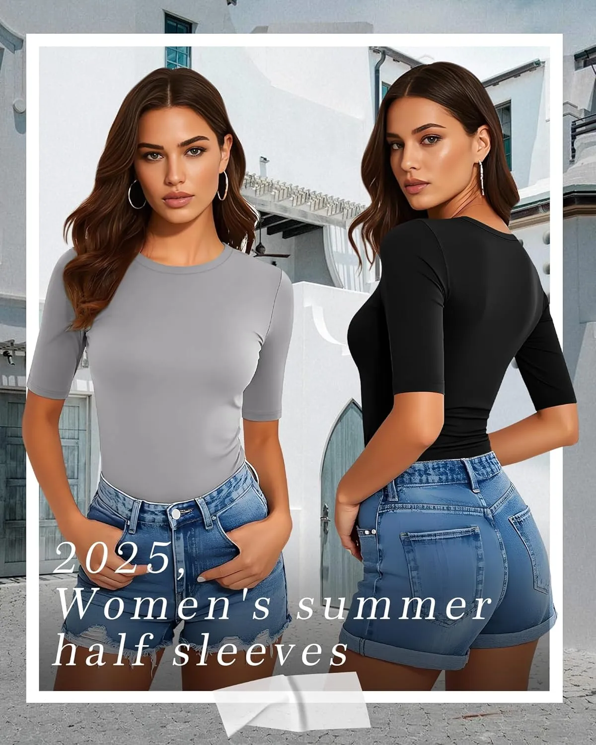 Neer 4 Pack Women's Half Sleeve Tops Cotton Crewneck Slim Fit 1/2 Sleeve T Shirts Stretchy Elbow Casual Summer Tees Bulk
