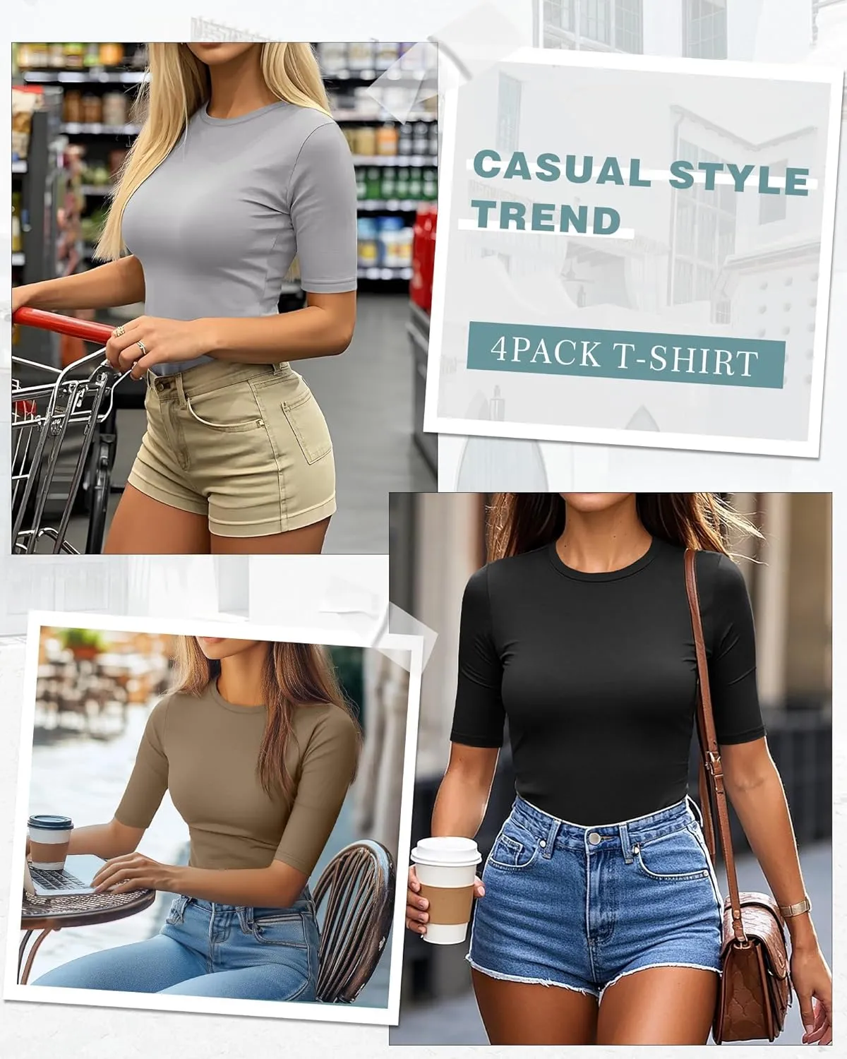 Neer 4 Pack Women's Half Sleeve Tops Cotton Crewneck Slim Fit 1/2 Sleeve T Shirts Stretchy Elbow Casual Summer Tees Bulk