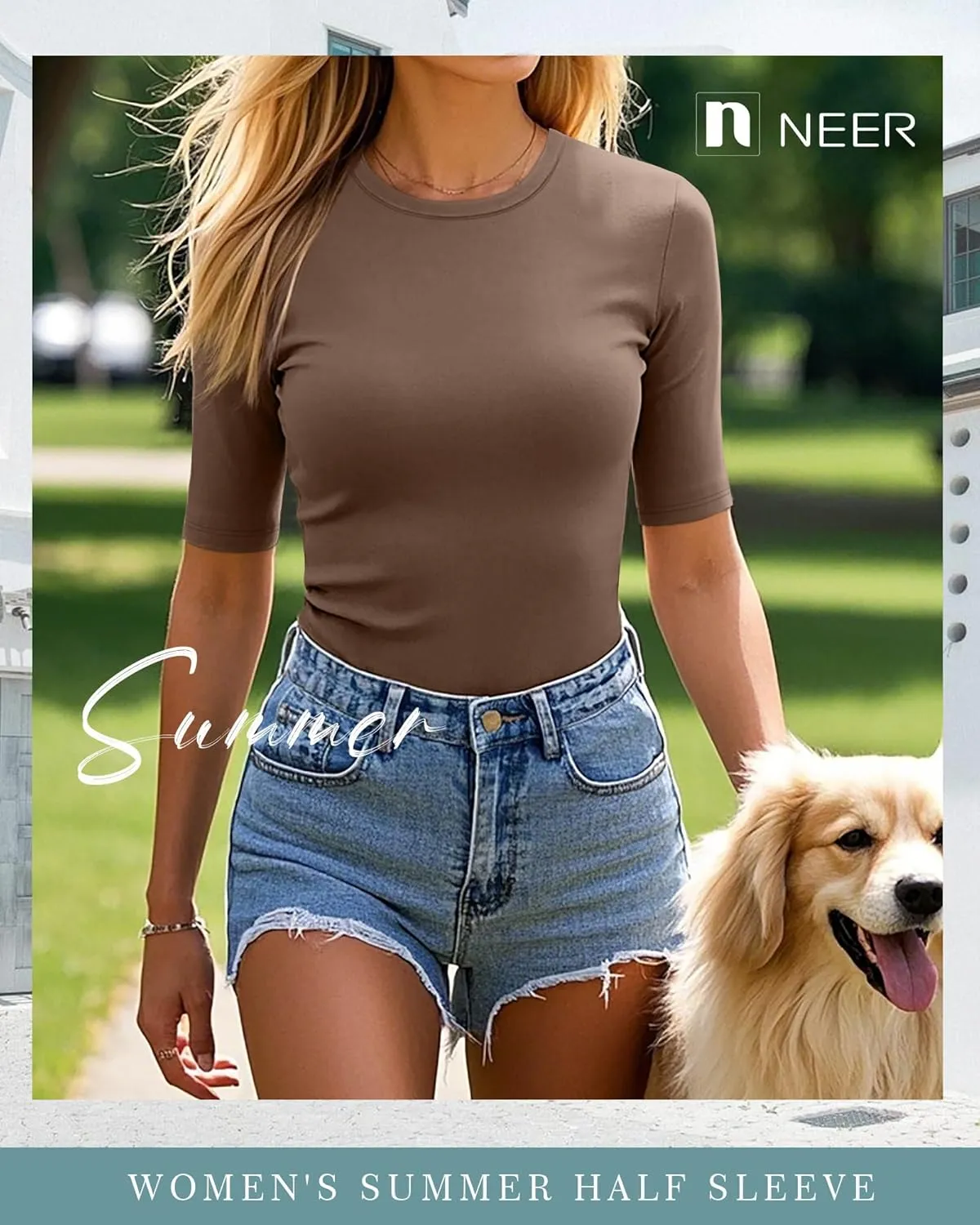 Neer 4 Pack Women's Half Sleeve Tops Cotton Crewneck Slim Fit 1/2 Sleeve T Shirts Stretchy Elbow Casual Summer Tees Bulk