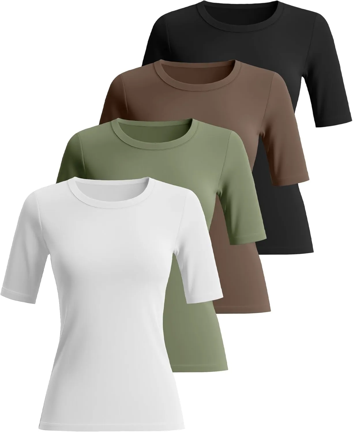 Neer 4 Pack Women's Half Sleeve Tops Cotton Crewneck Slim Fit 1/2 Sleeve T Shirts Stretchy Elbow Casual Summer Tees Bulk