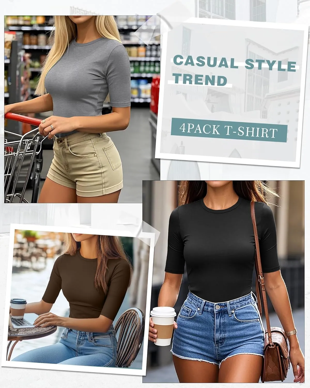 Neer 4 Pack Women's Half Sleeve Tops Cotton Crewneck Slim Fit 1/2 Sleeve T Shirts Stretchy Elbow Casual Summer Tees Bulk