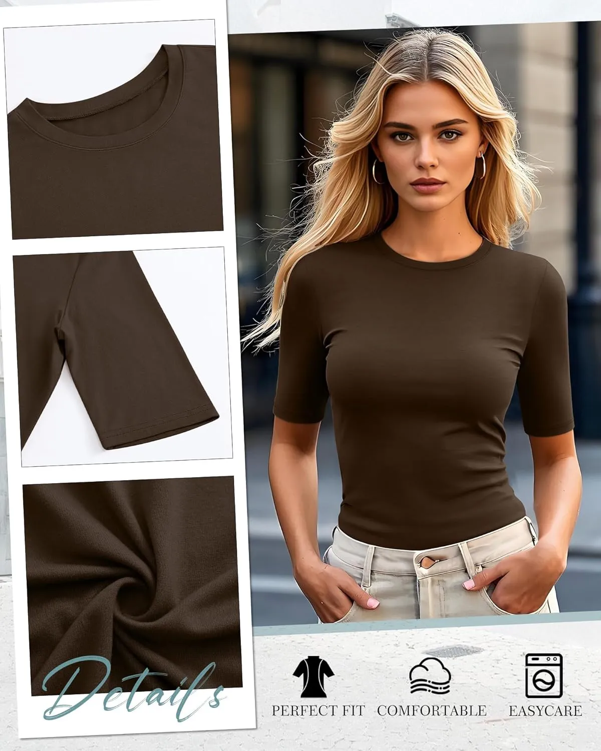 Neer 4 Pack Women's Half Sleeve Tops Cotton Crewneck Slim Fit 1/2 Sleeve T Shirts Stretchy Elbow Casual Summer Tees Bulk