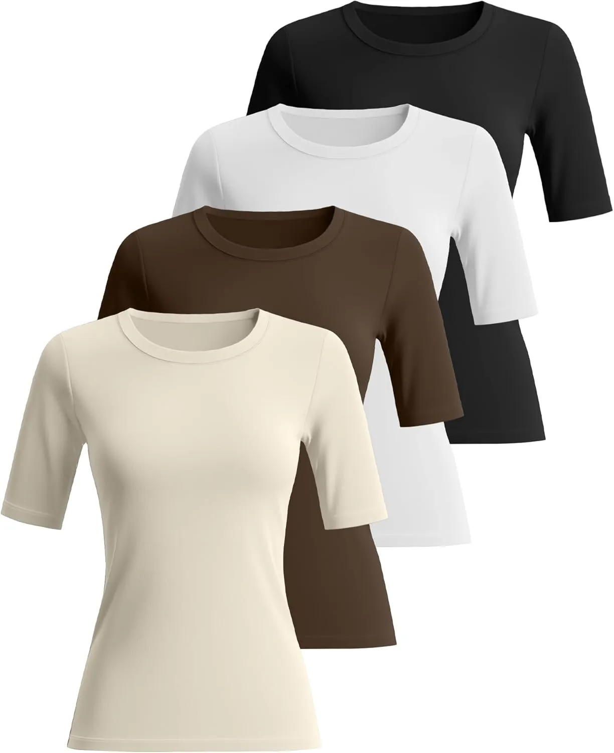 Neer 4 Pack Women's Half Sleeve Tops Cotton Crewneck Slim Fit 1/2 Sleeve T Shirts Stretchy Elbow Casual Summer Tees Bulk