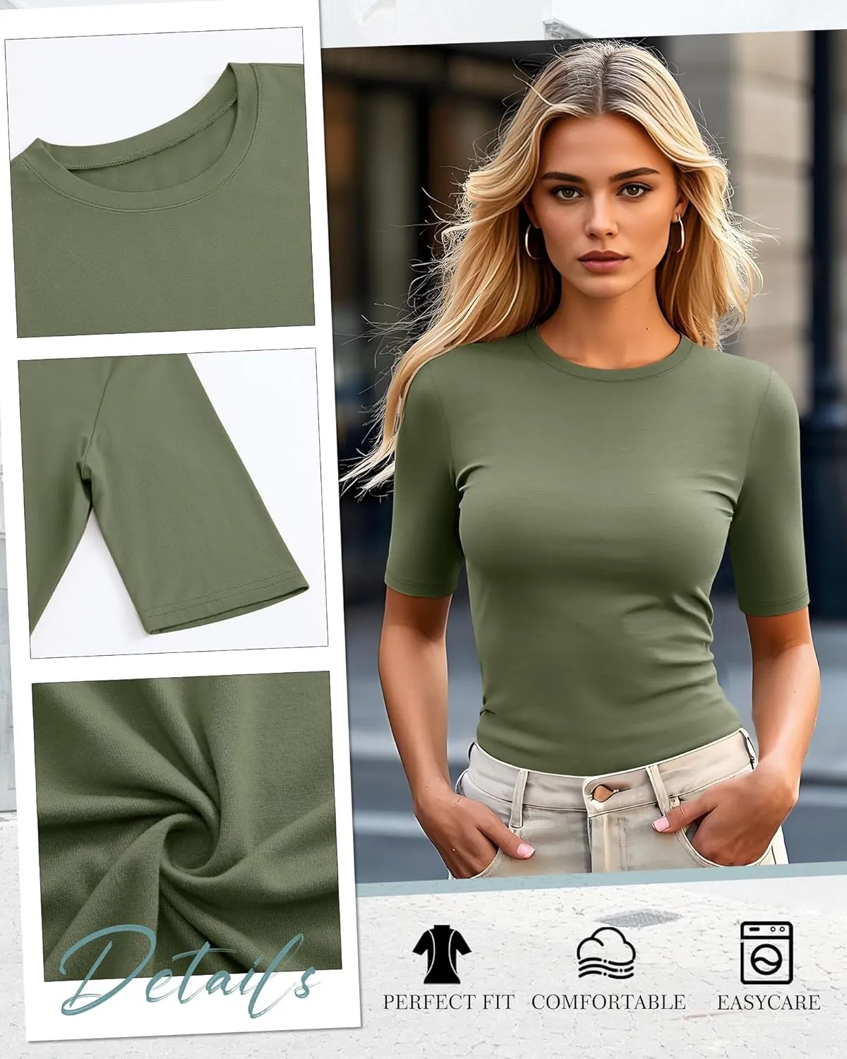 Neer 4 Pack Women's Half Sleeve Tops Cotton Crewneck Slim Fit 1/2 Sleeve T Shirts Stretchy Elbow Casual Summer Tees Bulk