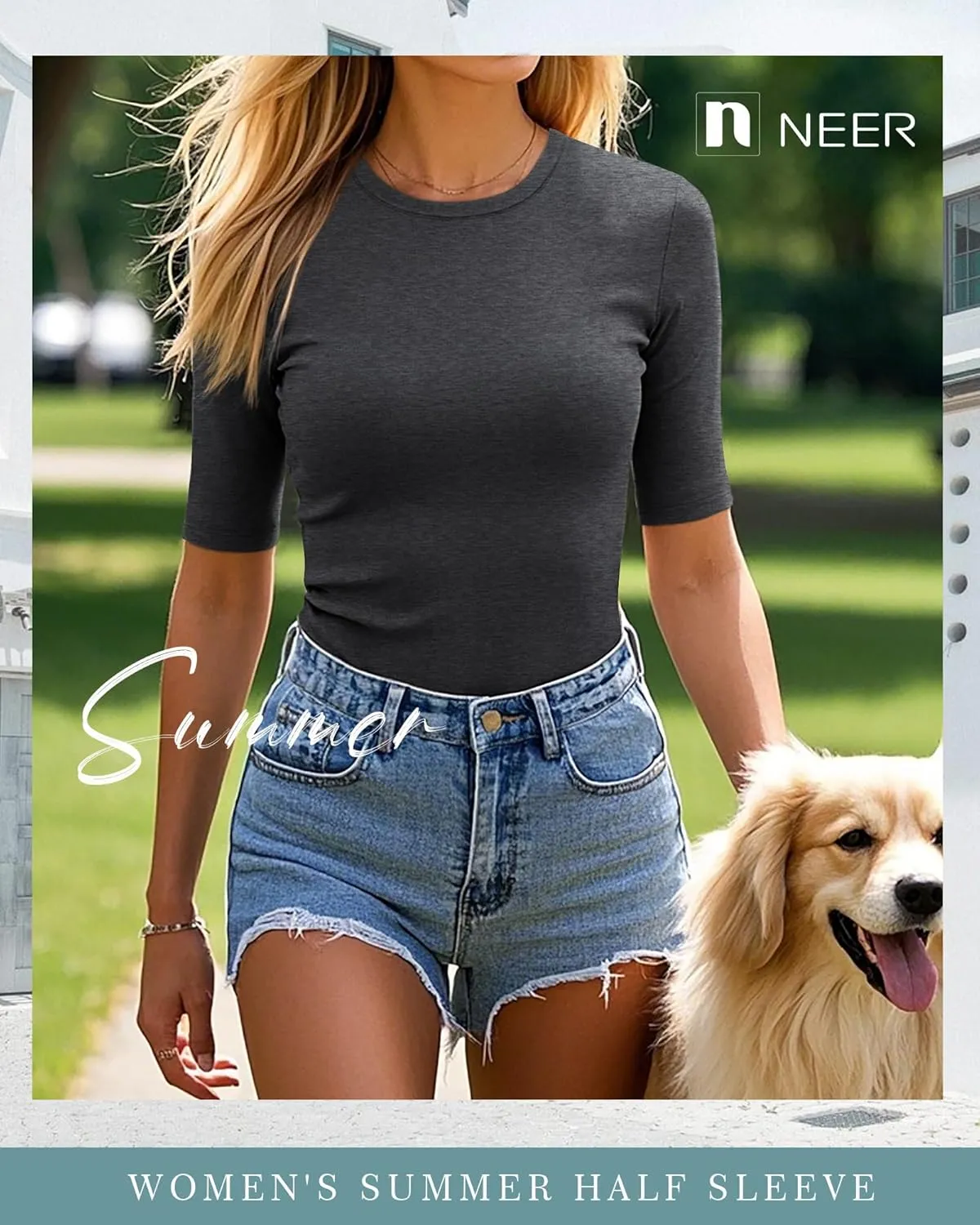 Neer 4 Pack Women's Half Sleeve Tops Cotton Crewneck Slim Fit 1/2 Sleeve T Shirts Stretchy Elbow Casual Summer Tees Bulk