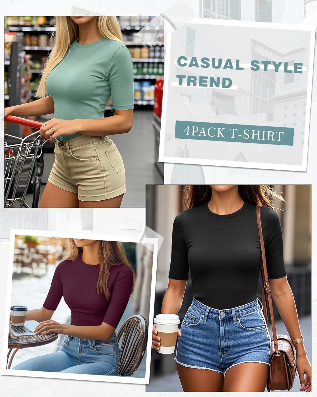 Neer 4 Pack Women's Half Sleeve Tops Cotton Crewneck Slim Fit 1/2 Sleeve T Shirts Stretchy Elbow Casual Summer Tees Bulk