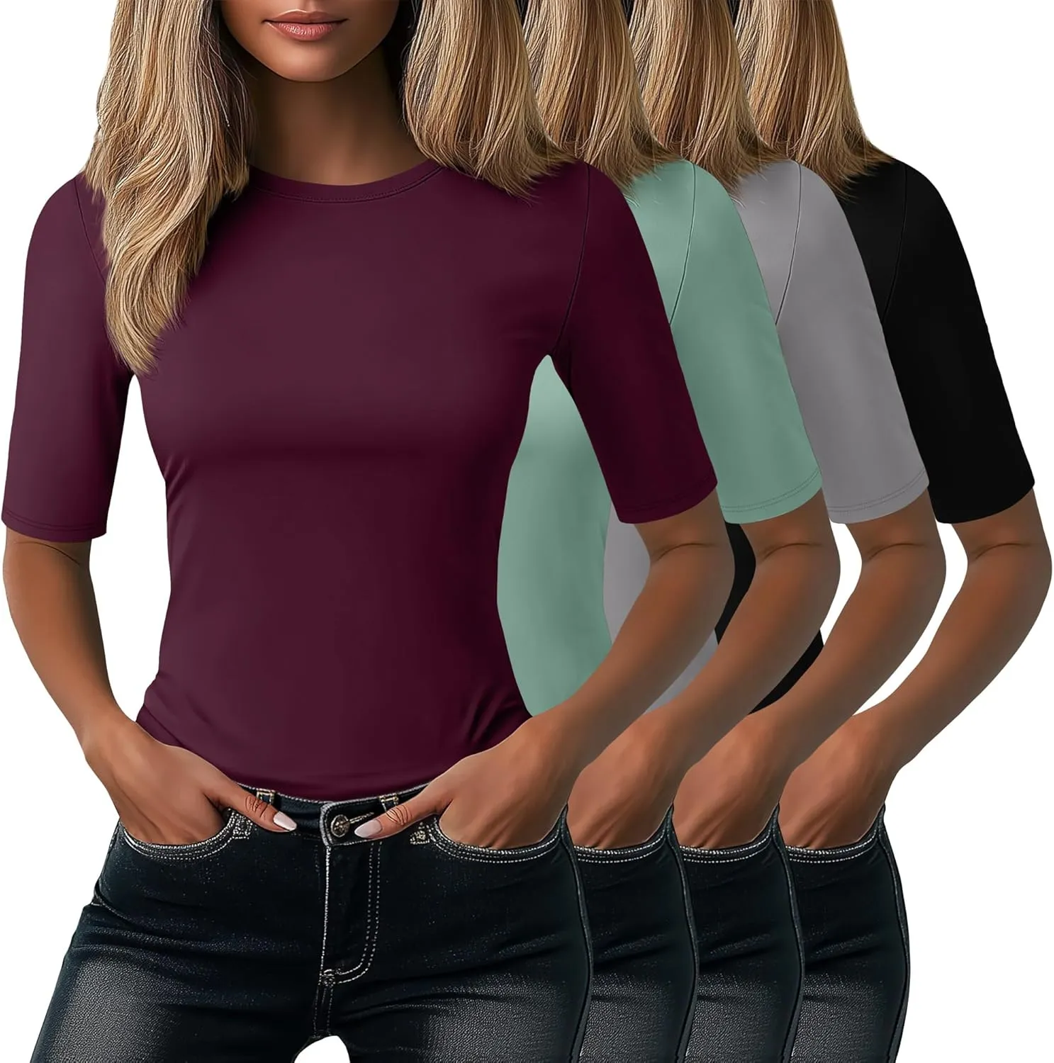 Neer 4 Pack Women's Half Sleeve Tops Cotton Crewneck Slim Fit 1/2 Sleeve T Shirts Stretchy Elbow Casual Summer Tees Bulk