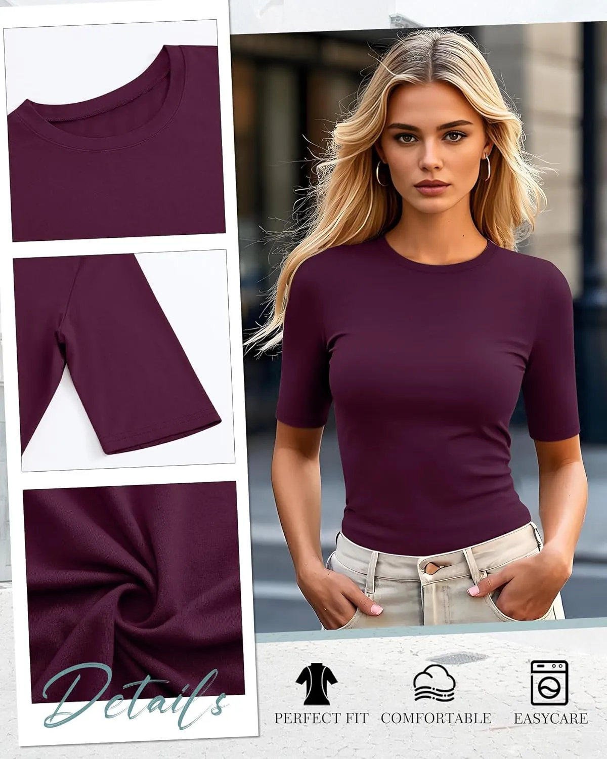 Neer 4 Pack Women's Half Sleeve Tops Cotton Crewneck Slim Fit 1/2 Sleeve T Shirts Stretchy Elbow Casual Summer Tees Bulk