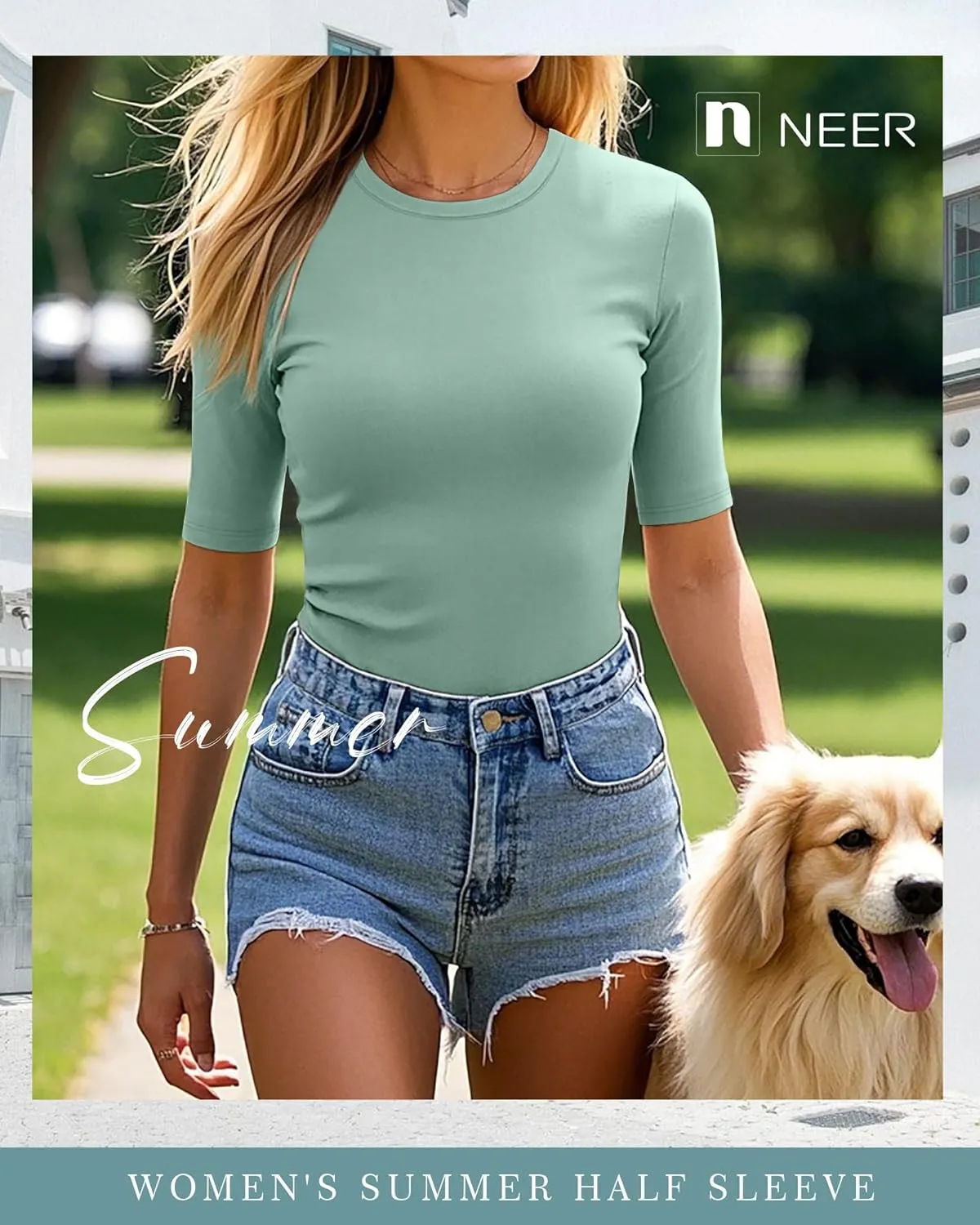 Neer 4 Pack Women's Half Sleeve Tops Cotton Crewneck Slim Fit 1/2 Sleeve T Shirts Stretchy Elbow Casual Summer Tees Bulk