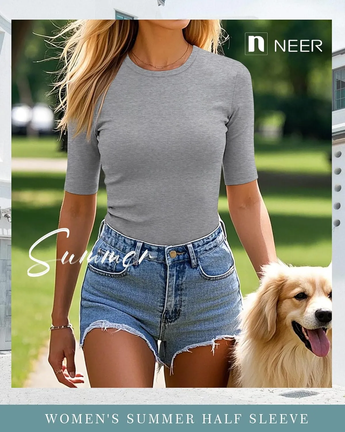 Neer 4 Pack Women's Half Sleeve Tops Cotton Crewneck Slim Fit 1/2 Sleeve T Shirts Stretchy Elbow Casual Summer Tees Bulk