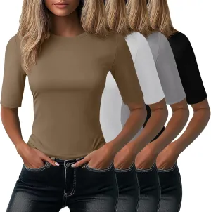Neer 4 Pack Women's Half Sleeve Tops Cotton Crewneck Slim Fit 1/2 Sleeve T Shirts Stretchy Elbow Casual Summer Tees Bulk