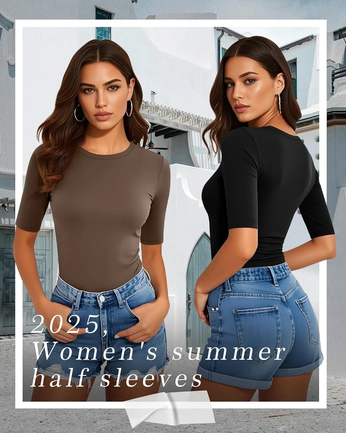 Neer 4 Pack Women's Half Sleeve Tops Cotton Crewneck Slim Fit 1/2 Sleeve T Shirts Stretchy Elbow Casual Summer Tees Bulk