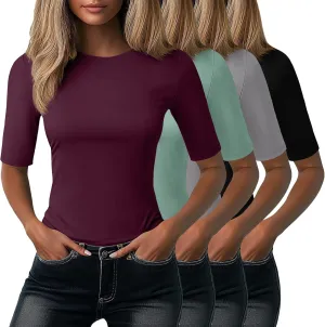 Neer 4 Pack Women's Half Sleeve Tops Cotton Crewneck Slim Fit 1/2 Sleeve T Shirts Stretchy Elbow Casual Summer Tees Bulk