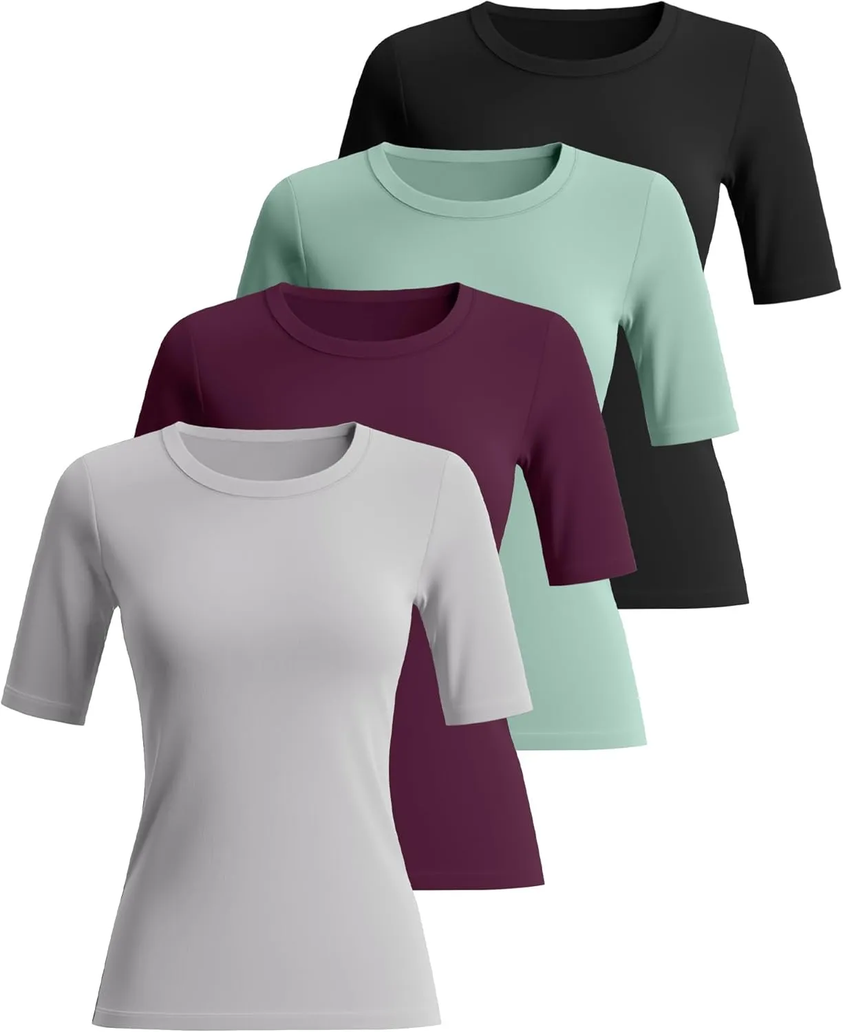 Neer 4 Pack Women's Half Sleeve Tops Cotton Crewneck Slim Fit 1/2 Sleeve T Shirts Stretchy Elbow Casual Summer Tees Bulk