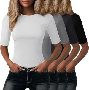 Neer 4 Pack Women's Half Sleeve Tops Cotton Crewneck Slim Fit 1/2 Sleeve T Shirts Stretchy Elbow Casual Summer Tees Bulk