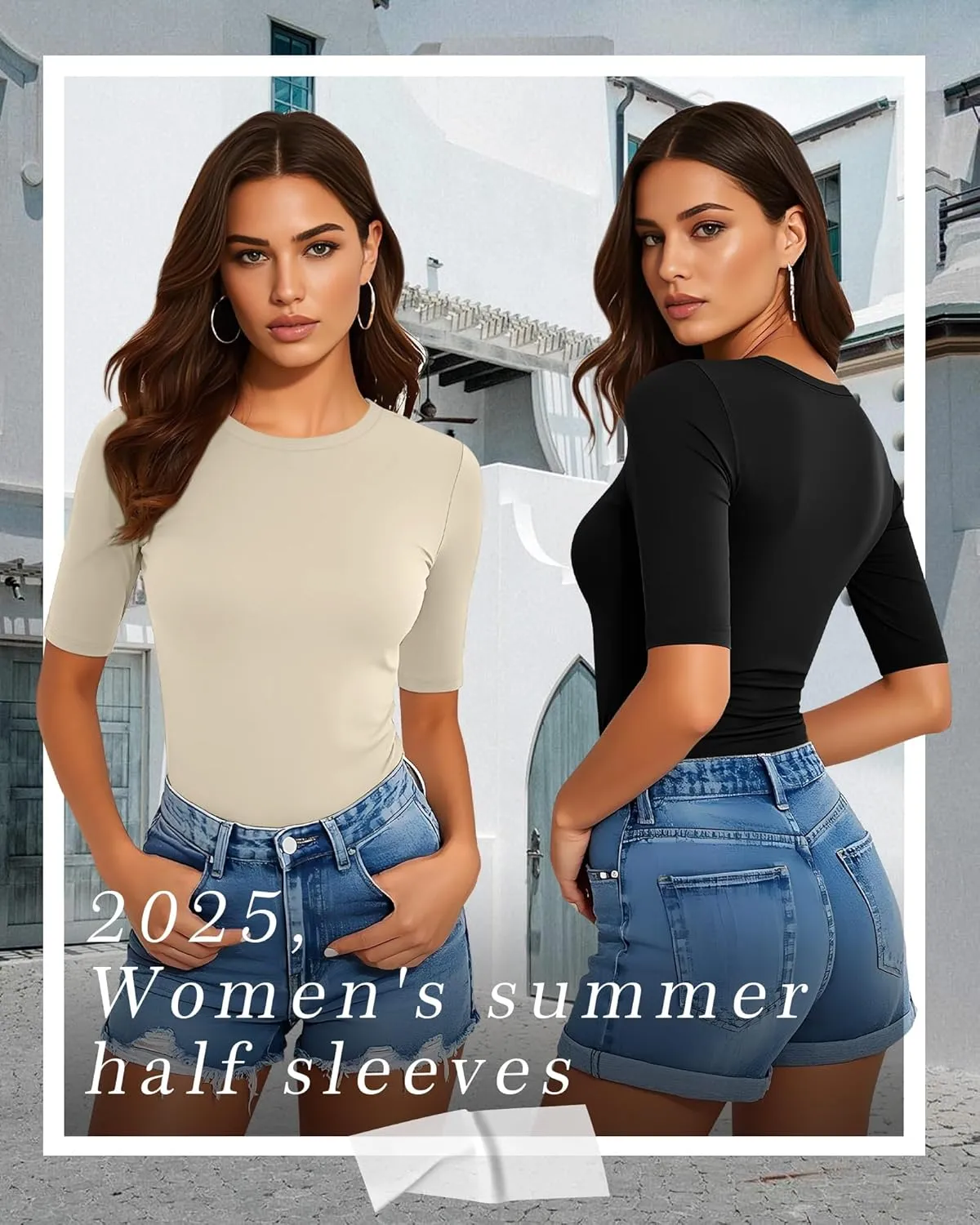 Neer 4 Pack Women's Half Sleeve Tops Cotton Crewneck Slim Fit 1/2 Sleeve T Shirts Stretchy Elbow Casual Summer Tees Bulk