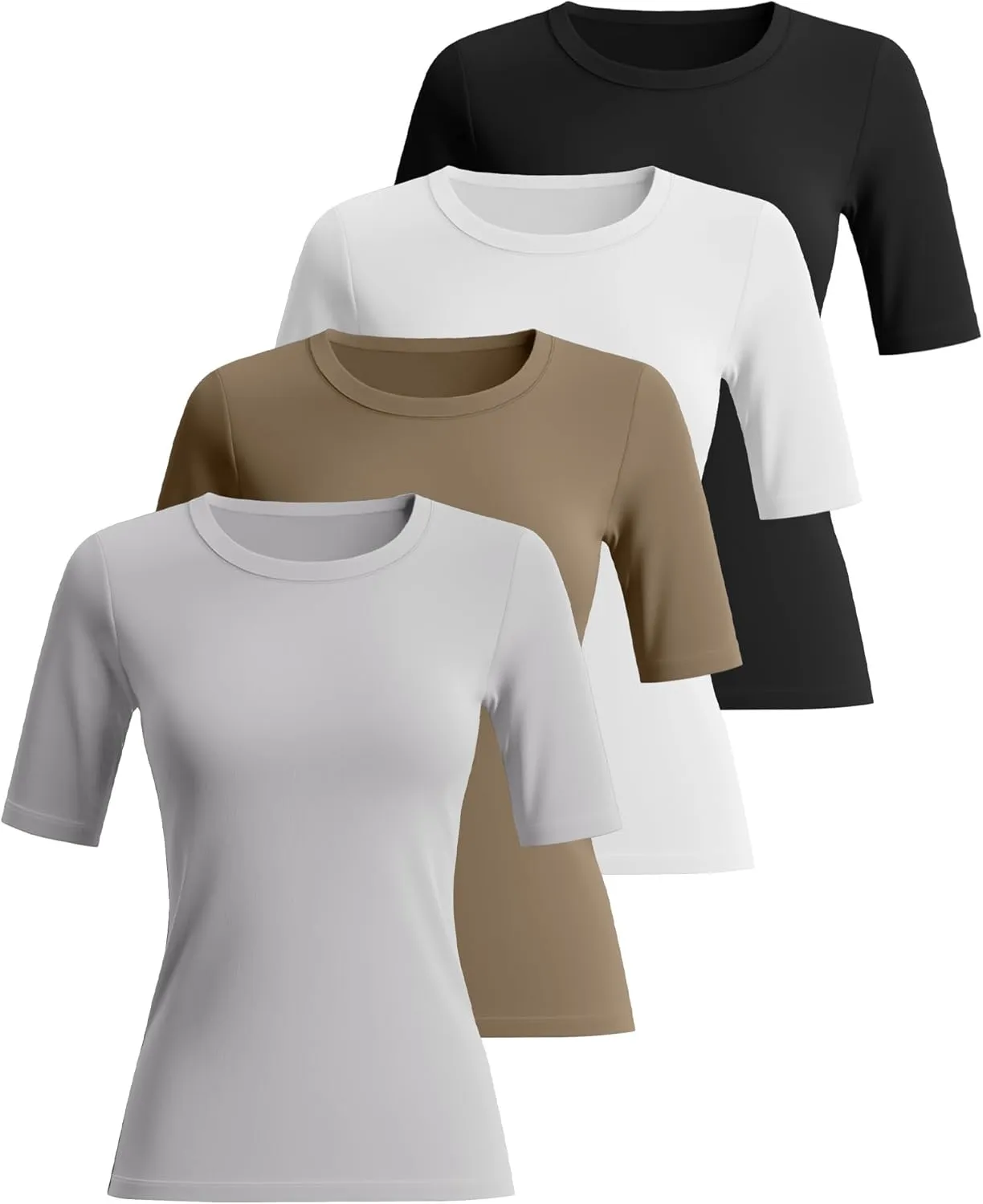 Neer 4 Pack Women's Half Sleeve Tops Cotton Crewneck Slim Fit 1/2 Sleeve T Shirts Stretchy Elbow Casual Summer Tees Bulk