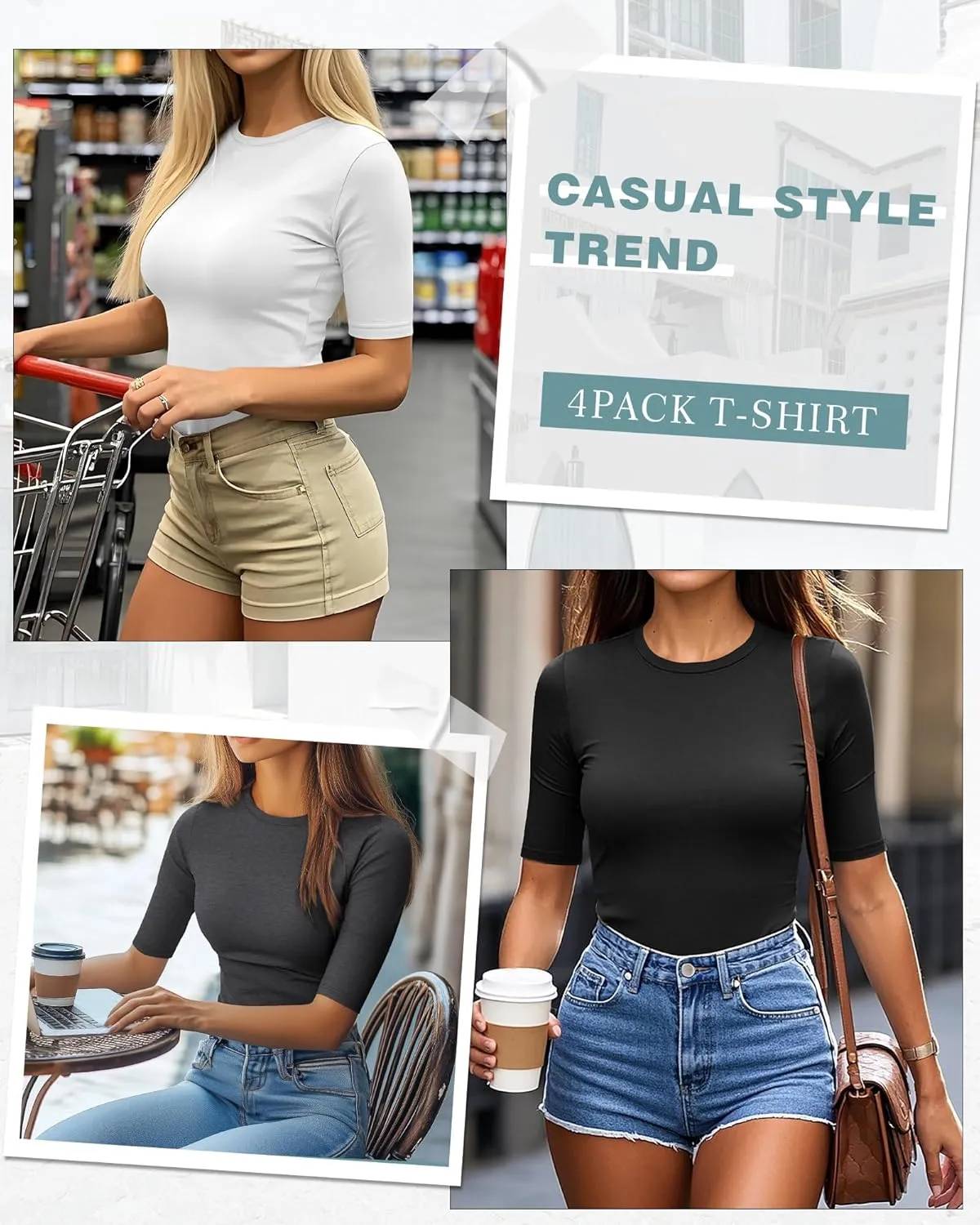 Neer 4 Pack Women's Half Sleeve Tops Cotton Crewneck Slim Fit 1/2 Sleeve T Shirts Stretchy Elbow Casual Summer Tees Bulk