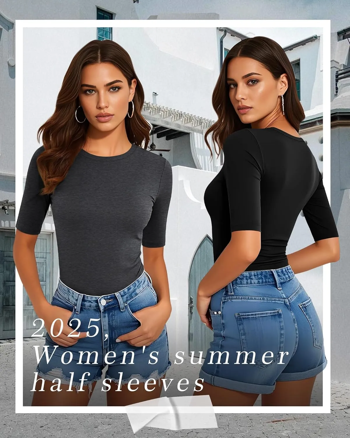 Neer 4 Pack Women's Half Sleeve Tops Cotton Crewneck Slim Fit 1/2 Sleeve T Shirts Stretchy Elbow Casual Summer Tees Bulk
